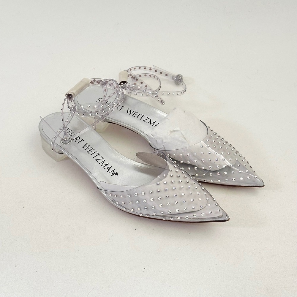 Stuart Weitzman Clear Studded Pointed Toe Flats Size 6.5 Silver Glam Wrap